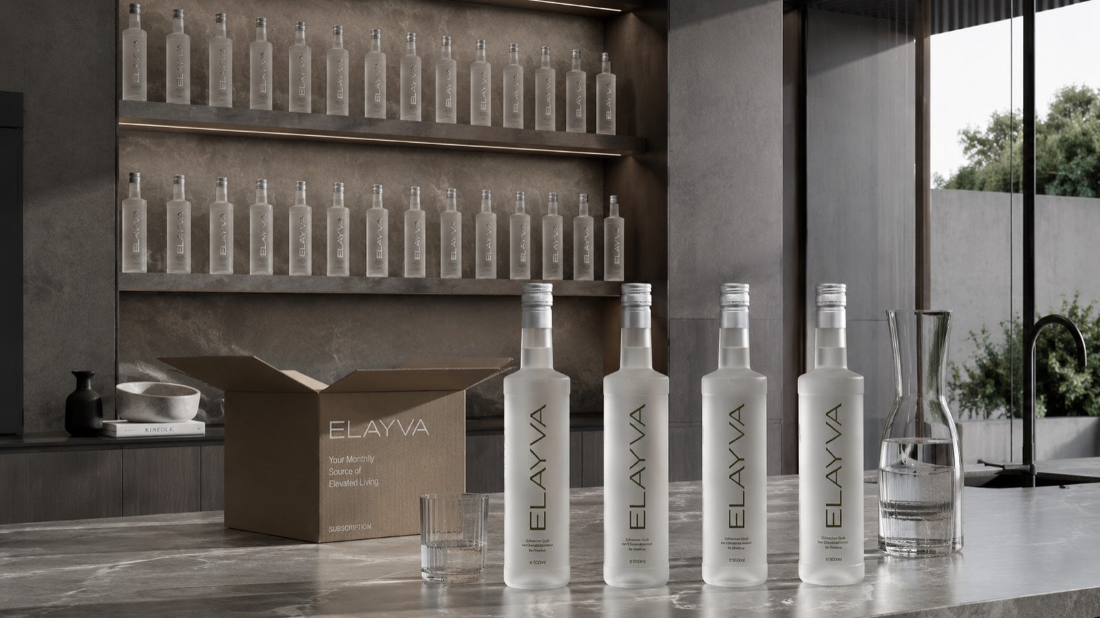 Four ELAYVA bottles arranged on a stone counter beside a glass and branded box