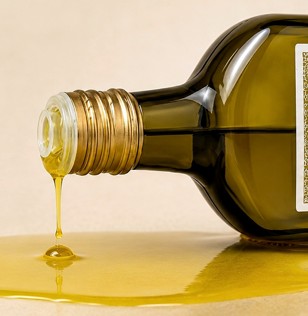 Olive water pouring from a glass bottle